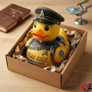 Star Trek 60th Anniversary Command Edition Tribute Duck 3 A Star Trek captain rubber duck being unpacked from a shipping box next to a journal and ship model!