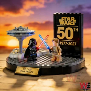 Brick built Star Wars duel with Darth Vader and Luke and an anniversary plaque!