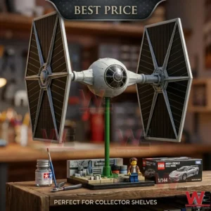 A Star Wars Tie Fighter model is packed in a cardboard box with bubble wrap on a wooden table! Small paint jars and other collectibles are visible in the background!