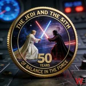 Gold commemorative coin showing a Jedi and a Sith crossing blue and red lightsabers with anniversary text around the rim!