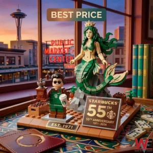 A Starbucks 55th anniversary building block set with a mermaid statue and barista minifigure displayed against a Seattle skyline background.