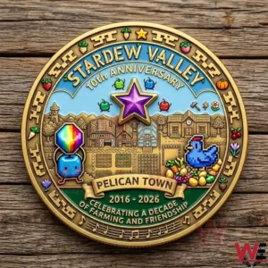Close up of a Stardew Valley 10th Anniversary Pelican Town commemorative coin!