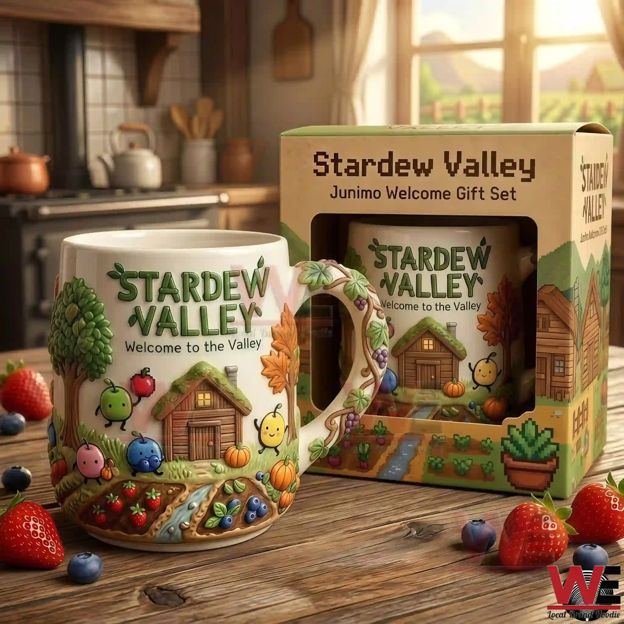 Stardew Valley Junimo Welcome Gift Set Mug 2 Commemorative Stardew Valley mug on a wooden table with fresh berries.