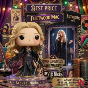 A detailed Stevie Nicks vinyl figure with a microphone standing next to a themed Fleetwood Mac anniversary box!