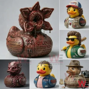 A collage of horror themed and character themed duck collectibles inspired by a dark fantasy series!