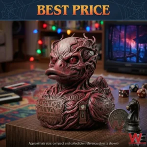 Stranger Things 10th Anniversary Duck Collectible Series 10 A red monster themed duck collectible displayed on a table in a retro room!