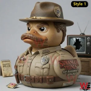 Stranger Things 10th Anniversary Duck Collectible Series 12 A police themed duck collectible with a mustache and uniform posed beside a broken television!