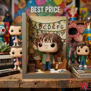 Joyce Byers vinyl figure diorama with alphabet wall and Christmas lights from the show Stranger Things.