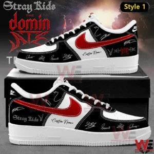 Two angle mockup of black white sneaker with red swoosh Stray Kids text signature graphics and custom name area!