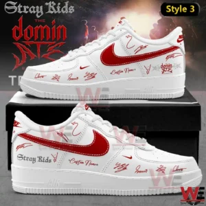 Two angle mockup of white sneaker with red swoosh red signature graphics Stray Kids text and custom name area!