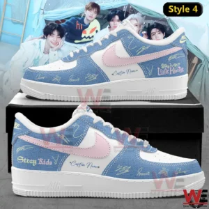 Two view mockup of blue denim style sneaker with pink swoosh Stray Kids text signature graphics custom name area and stay in our little house phrase!