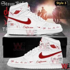 Stray Kids Stay in Our Little House Custom Name Air Jordan Shoes 6 White high top sneakers with red swoosh style logo and custom name text!