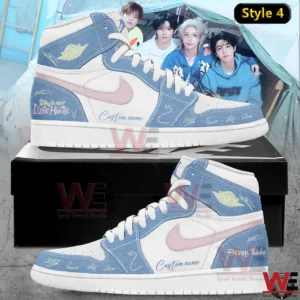 Stray Kids Stay in Our Little House Custom Name Air Jordan Shoes 7 Denim blue and white high top sneakers with pink swoosh style logo and custom name text!