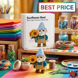A built gnome block figure holding sunflowers on a desk with a product box and craft supplies!
