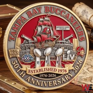 Front of a Tampa Bay Buccaneers fiftieth anniversary commemorative coin with pirate ship and trophy design!