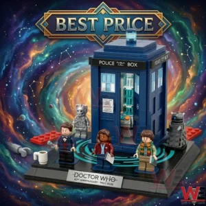 Doctor Who 63rd anniversary building brick set with TARDIS and miniature figures on a display stand with a space background.