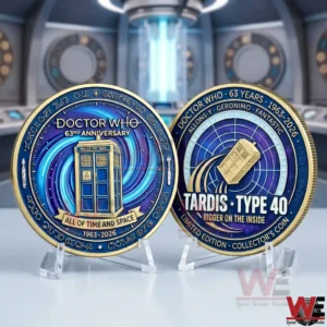 Doctor Who anniversary coins with TARDIS designs on display stands!