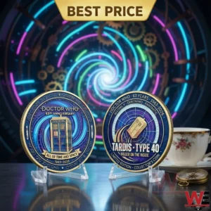 TARDIS Police Box Doctor WHO Coin 3 Doctor Who collector coins on stands with a colorful vortex background!