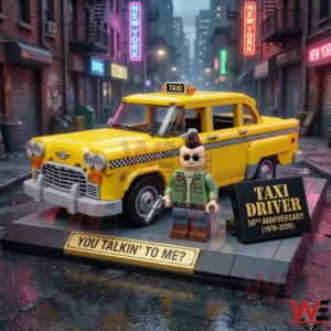 Yellow brick built taxi with a driver figure on a display base in a neon city street!