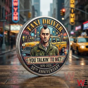 Taxi Driver themed anniversary coin with a driver portrait and yellow taxi in a city street background!