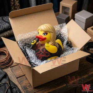 Taylor Swift Eras Snake Mic Rubber Duck 3 A singer themed rubber duck being unpacked from a cardboard shipping box!