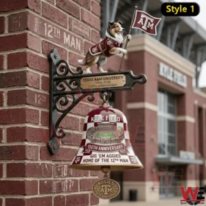Texas AM themed wall bell with dog mascot holding a flag mounted on a brick wall!