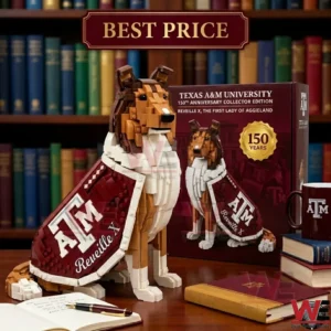 A brick model of the Texas A and M mascot dog standing on a desk with university memorabilia!