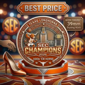 Promotional display of a Texas Longhorns SEC Champions commemorative coin on a stand!