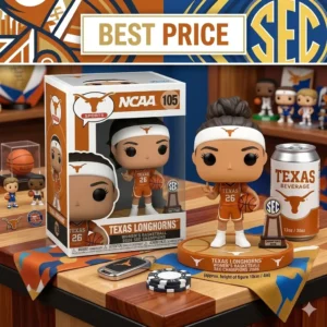Texas Longhorns Women’s Basketball 2026 SEC Champions Pop Figure Doll 3 Promotional display of Texas Longhorns womens basketball champion figure with box and trophy!