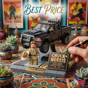 A custom brick building set of a black pickup truck and a Chuck Norris minifigure on a colorful tiled table!