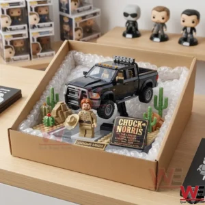 Texas Ranger Chuck Norris Building Block Set 3 An open cardboard box containing a Chuck Norris truck and minifigure building set protected by bubble wrap!