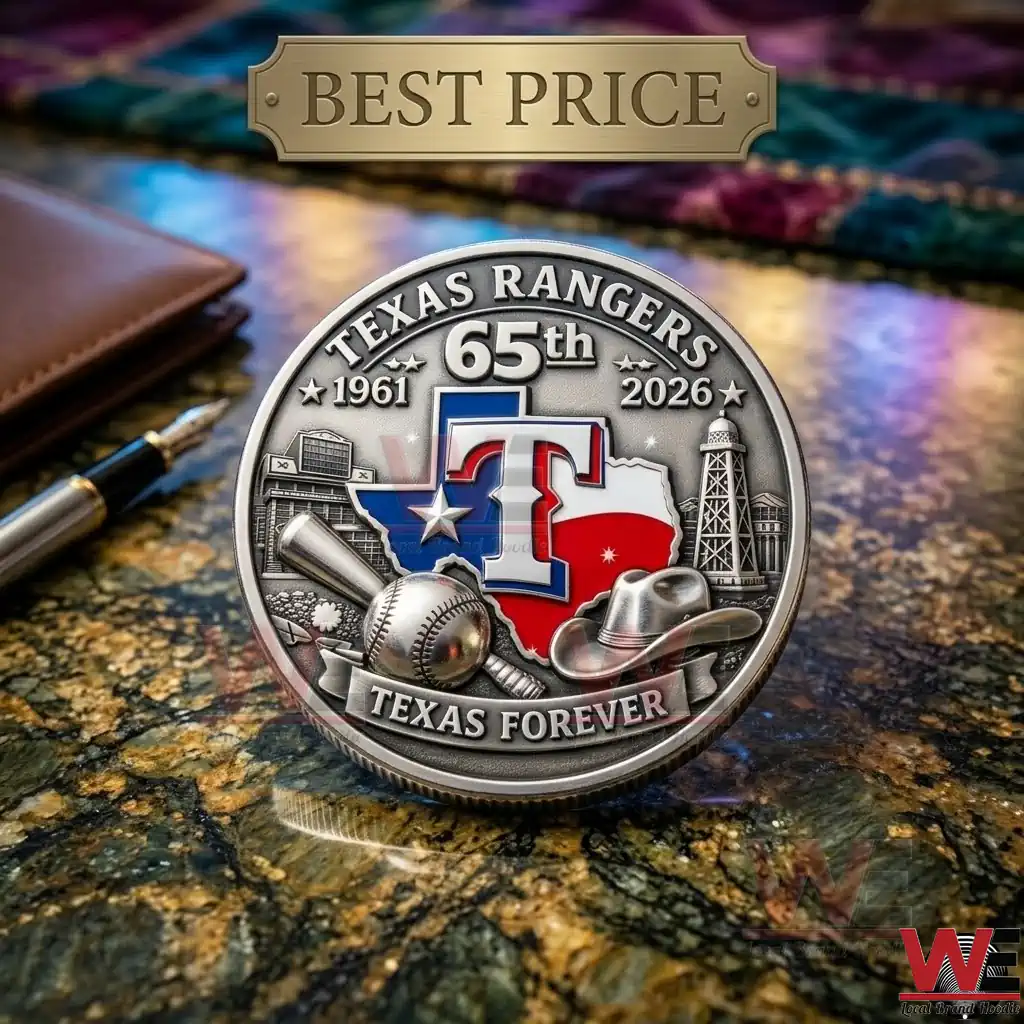 Texas Rangers 65th Anniversary World Series Champions Coin 2 Texas Rangers 65th anniversary silver commemorative coin with Texas map.