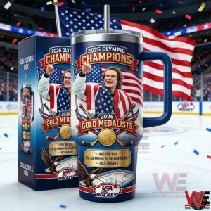 USA hockey 2026 champions gold medalists tumbler with American flag and collectors box on an ice rink!