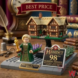 A building block diorama of Jessie Buckley from Hamnet with an Oscar trophy and a Tudor house on a wooden desk!
