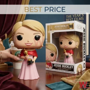 Jessie Buckley collectible figure in a pink dress holding an Oscar trophy next to its retail box!