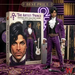A photo of a 1/6 scale collectible figure of Prince standing beside its closed display box. The figure is wearing a detailed purple ruffled outfit, and the box has a large illustration of his face and smaller accessory figures. They are placed on purple fabric with records and neon lights in the background!