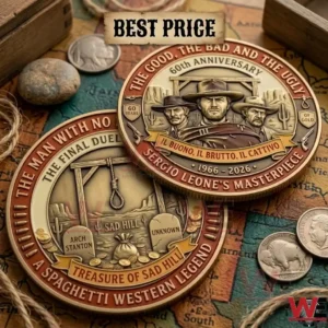 Front and back views of a 60th anniversary Spaghetti Western commemorative coin.