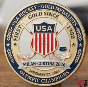 Front of a USA hockey Olympic commemorative coin with shield and crossed sticks!