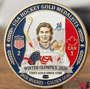 Back of a USA hockey commemorative coin with player art and gold medal!