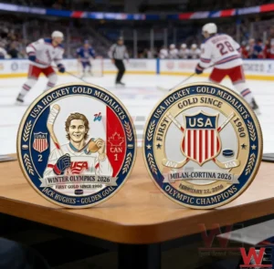 Two USA hockey commemorative coins displayed on a table with rink background!