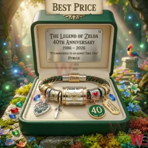 A Legend of Zelda 40th anniversary charm bracelet in a green gift box resting on a mossy rock in a fantasy forest setting!
