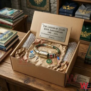Zelda anniversary bracelet inside a cardboard shipping box with protective paper and bubble wrap on a wooden table!