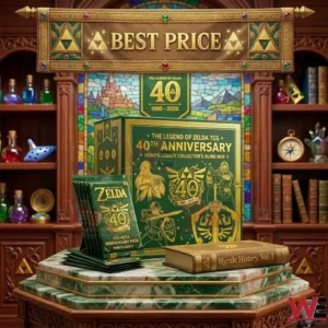 A green 40th anniversary Zelda TCG collector box on a marble pedestal! Gold artwork of Link and Zelda decorates the front! Green booster packs and a history book are on the stand! The background shows a wooden bookshelf with potions and stained glass! A decorative banner hangs at the top!