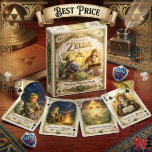 White and gold The Legend of Zelda 40th Anniversary premium playing cards and collector items on a desk!
