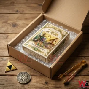 An open shipping box containing a white Zelda anniversary card deck with collector coins and pins nearby!