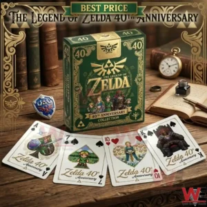 Green and gold Zelda 40th Anniversary Collection playing cards displayed with character cards on a wooden table!
