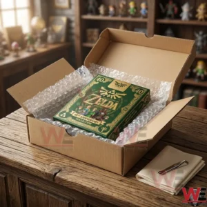 Packaging of a green Zelda anniversary card deck inside a cardboard box with bubble wrap protection!
