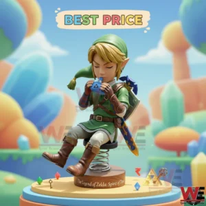 Link figure playing an ocarina in a colorful display scene!
