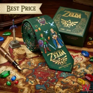 A green Legend of Zelda 40th anniversary necktie and its gift box displayed on a Hyrule map with colorful rupee gems and coins!