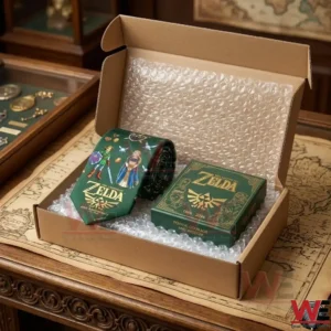 A shipping box containing a Zelda themed necktie and a green collector box cushioned by clear bubble wrap on a map!